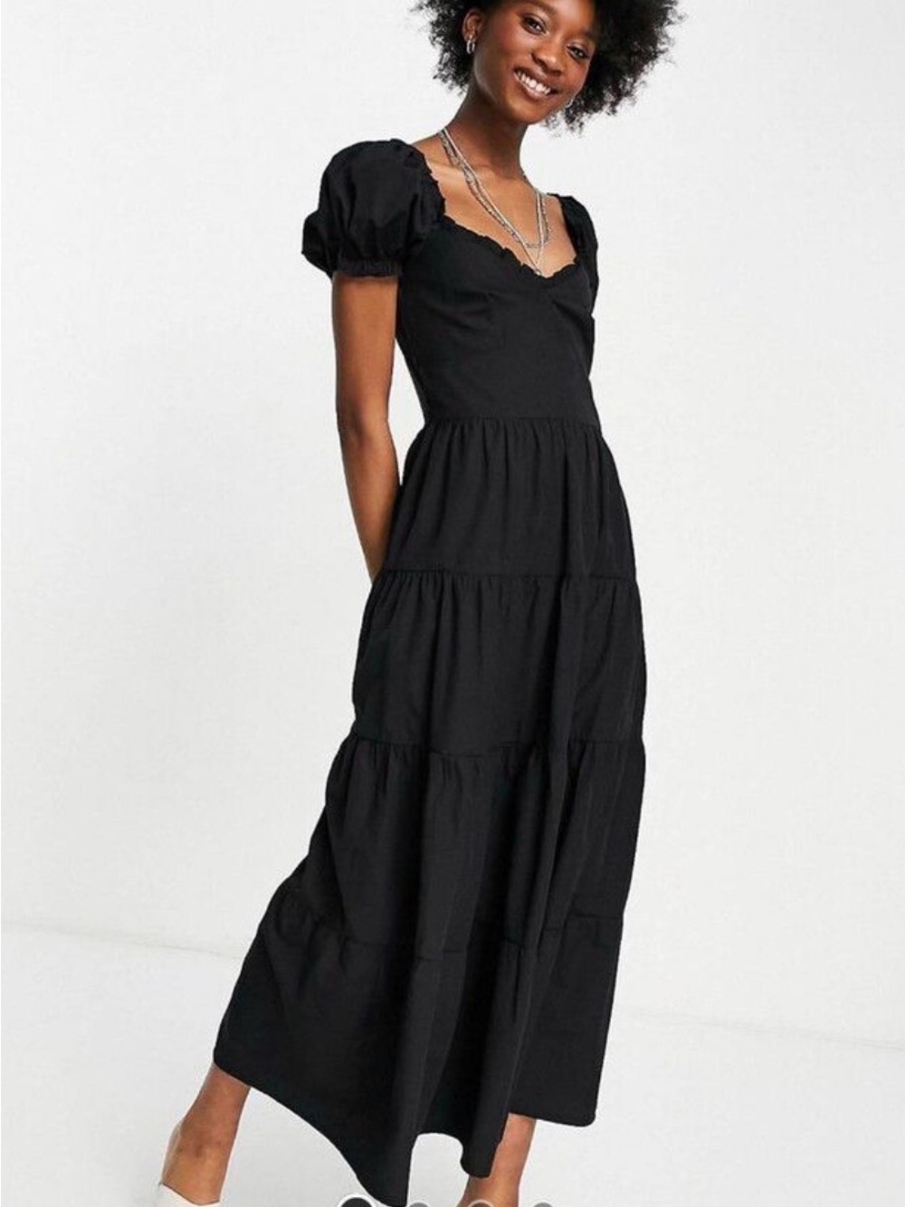 stradivarius Black Puff-Sleeve Tiered Maxi Dress fits like medium